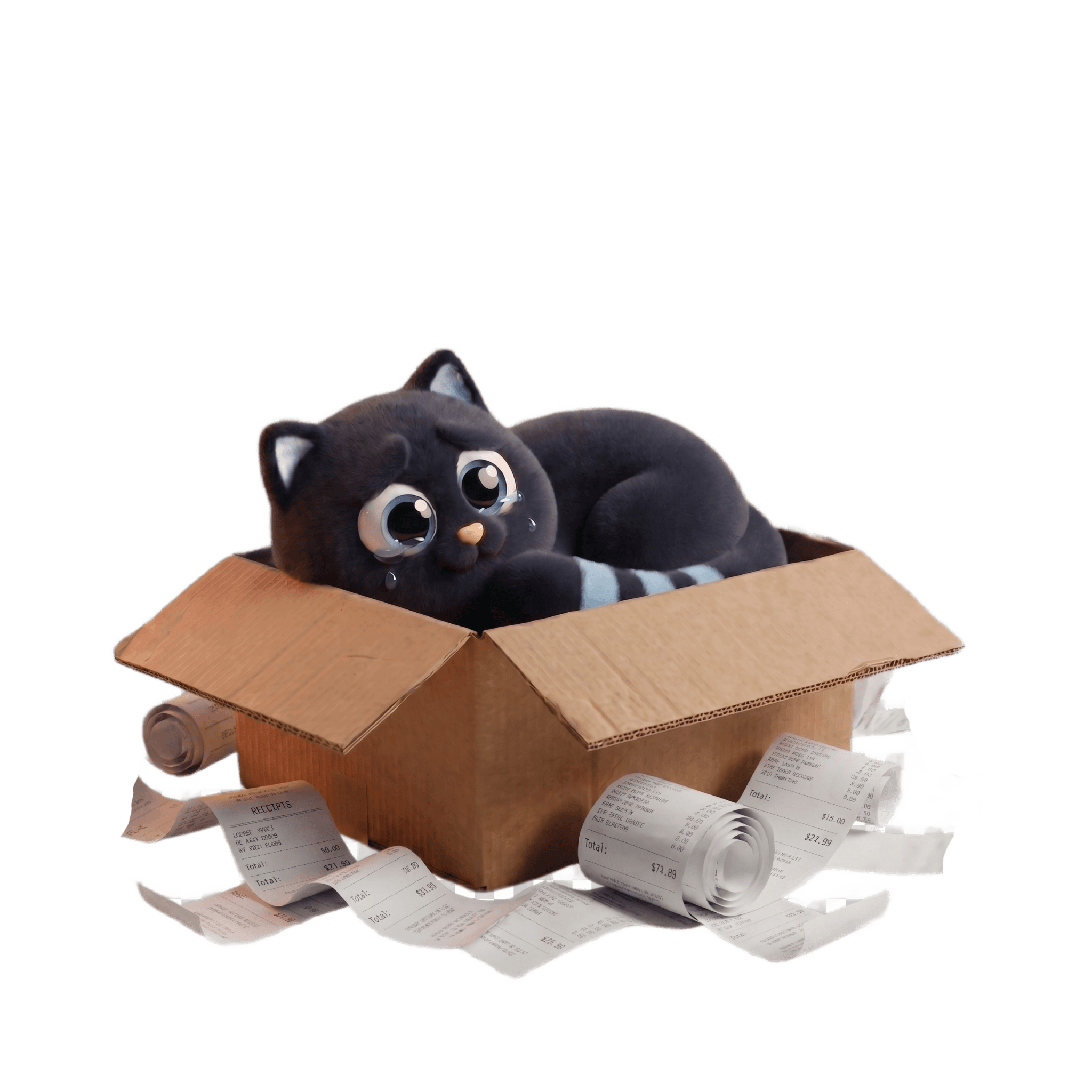 A sad black cat sitting in a cardboard box surrounded by receipts representing feeling overwhelmed with business closing tasks