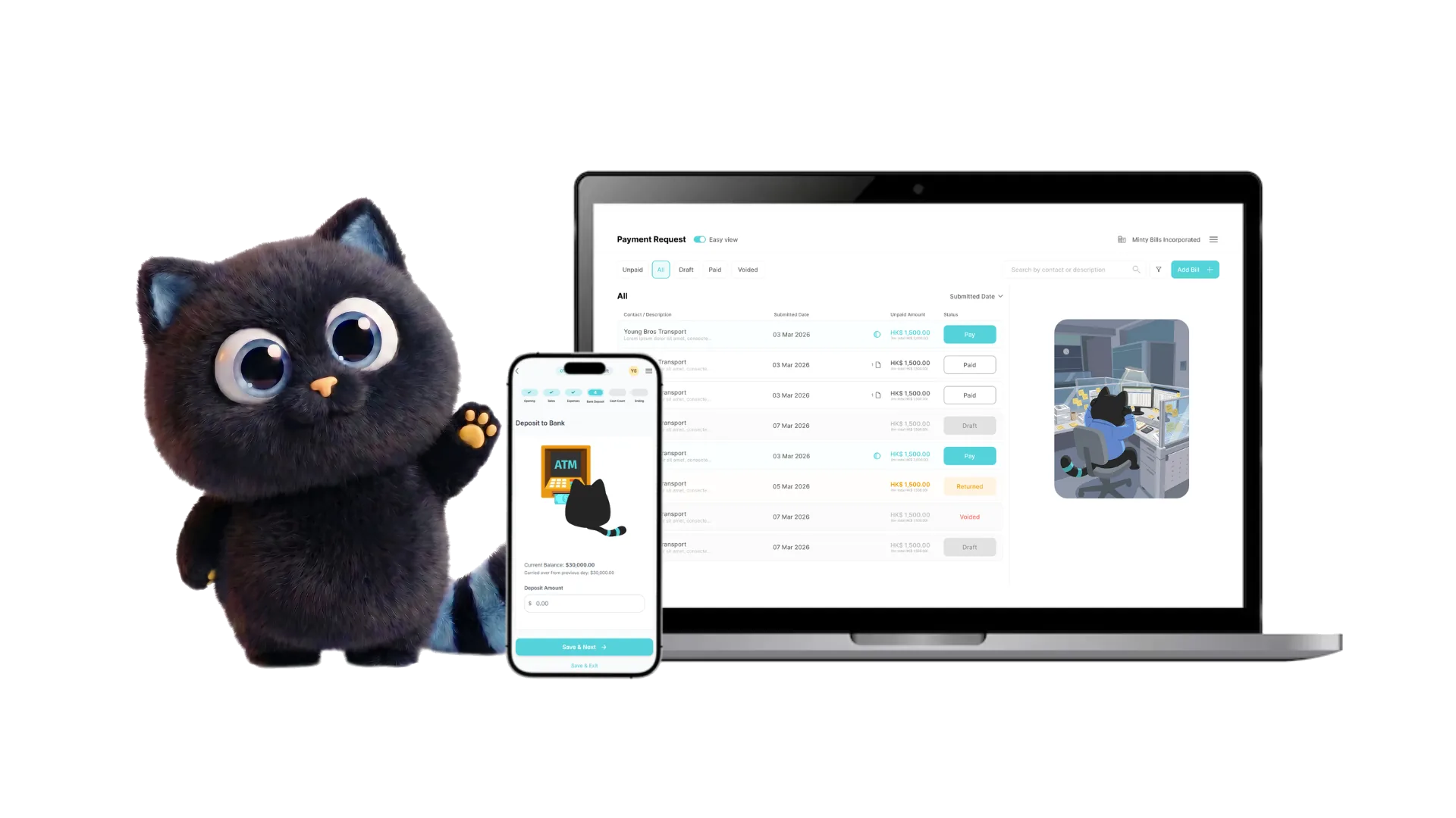 Daily Minty hero image showing a cat with a laptop and phone