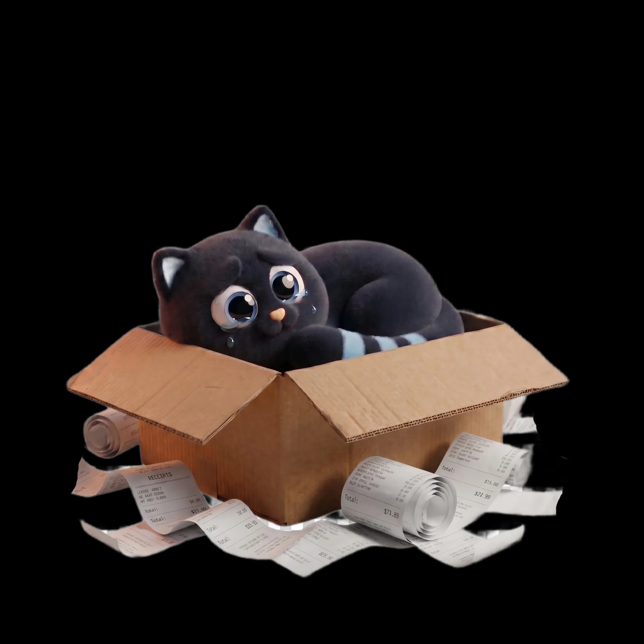 A sad black cat sitting in a cardboard box surrounded by receipts representing feeling overwhelmed with business closing tasks